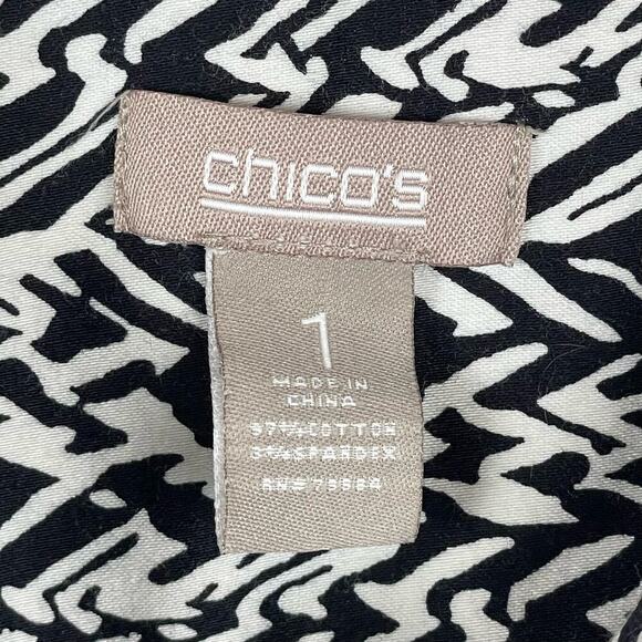 Chico's Size 1 US  Small Button Up Black Brown White Print Top Long Sleeve - Picture 6 of 6